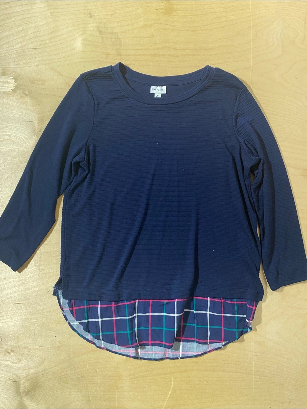 Kim Rogers Navy Long Sleeve Top with Plaid Hem Medium (SH)